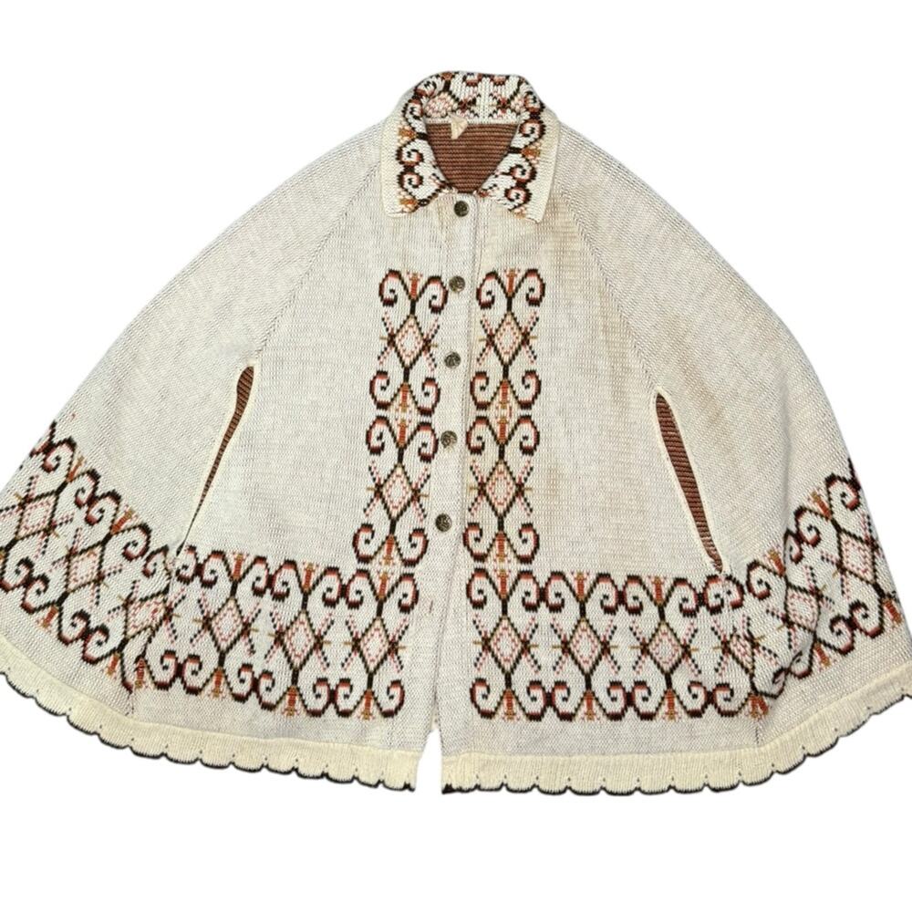 Vtg 1970s JCPenney Knit Poncho Cape Boho Folk Embroidered Southwest Geometric OS